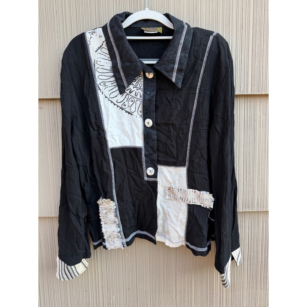 Vintage Art to Wear Patchwork Button Down Shirt Jacket XL Spencer Alexis Boho